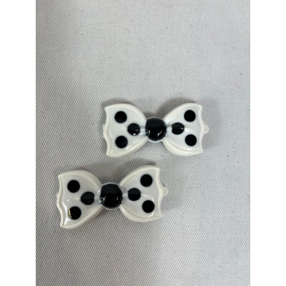 Vintage Goody Plastic Bow Barrettes set of 2 White Black Polka Dot Clips 80s USA